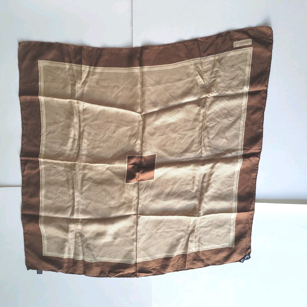 Burberry Vintage Silk Square Scarf Brown Tan Large Retro Classic Logo - Picture 3 of 6